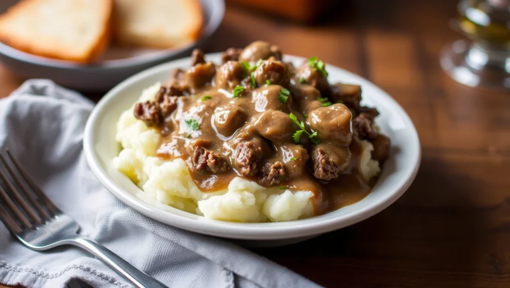 Beef gravy over mashed potatoes