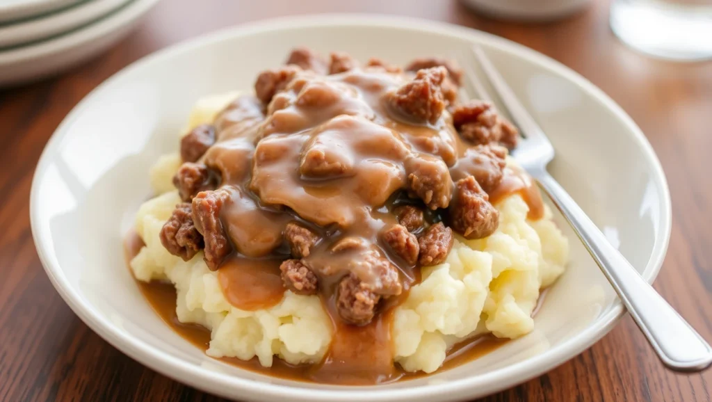 Beef gravy over mashed potatoes