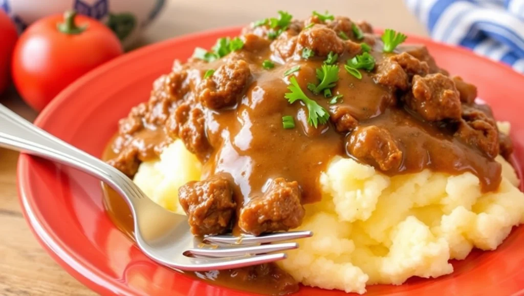 Beef gravy over mashed potatoes