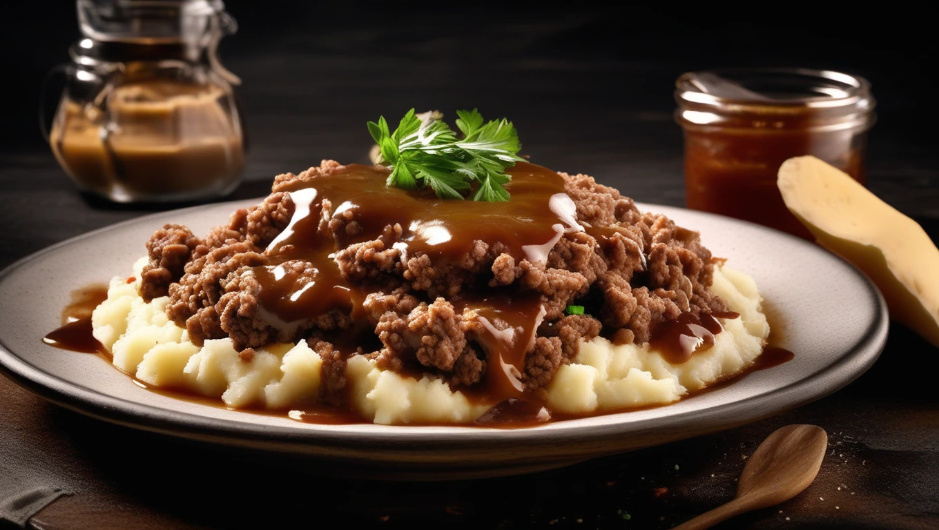 Beef gravy over mashed potatoes